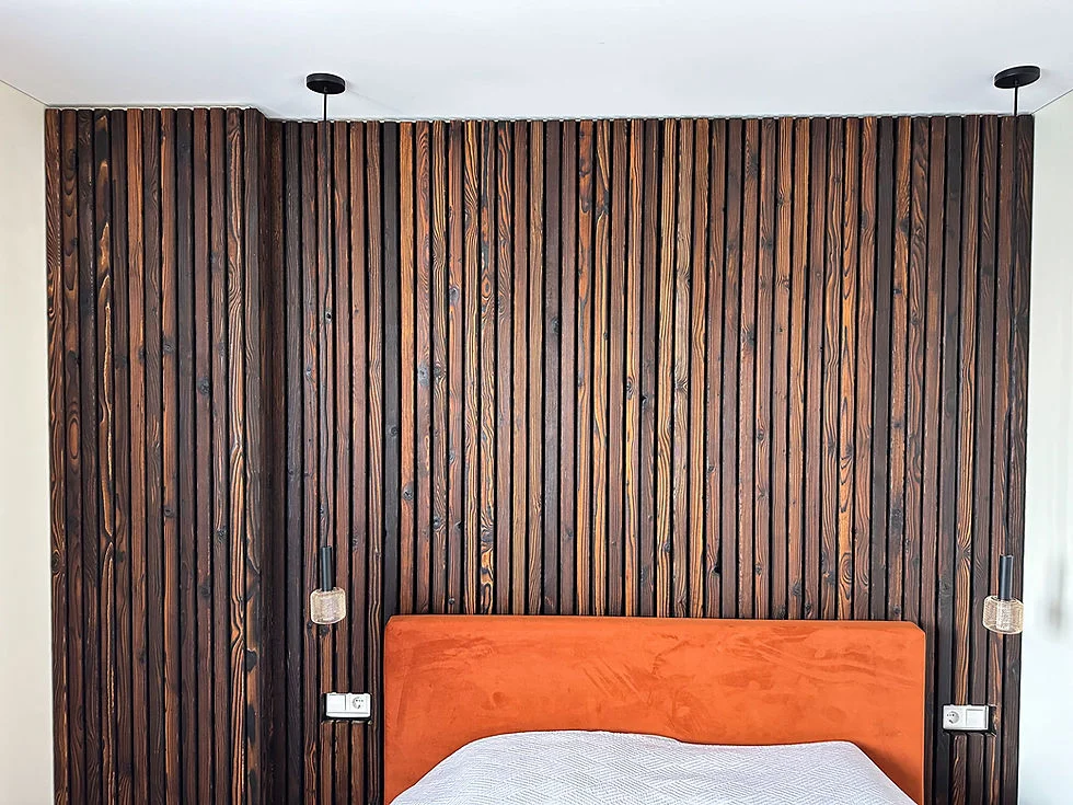 Modern prefab building with Yakisugi facade cladding and large windows in natural setting