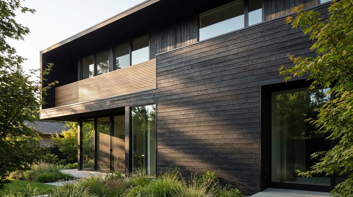 Modern house with Yakisugi facade cladding in deep black tone with natural wood structure