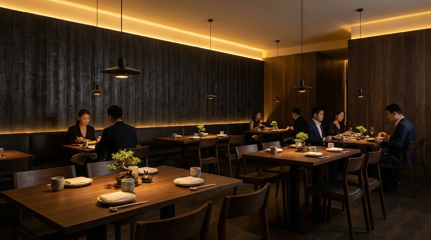 Restaurant interior with Yakisugi wall cladding creating a warm, inviting ambiance